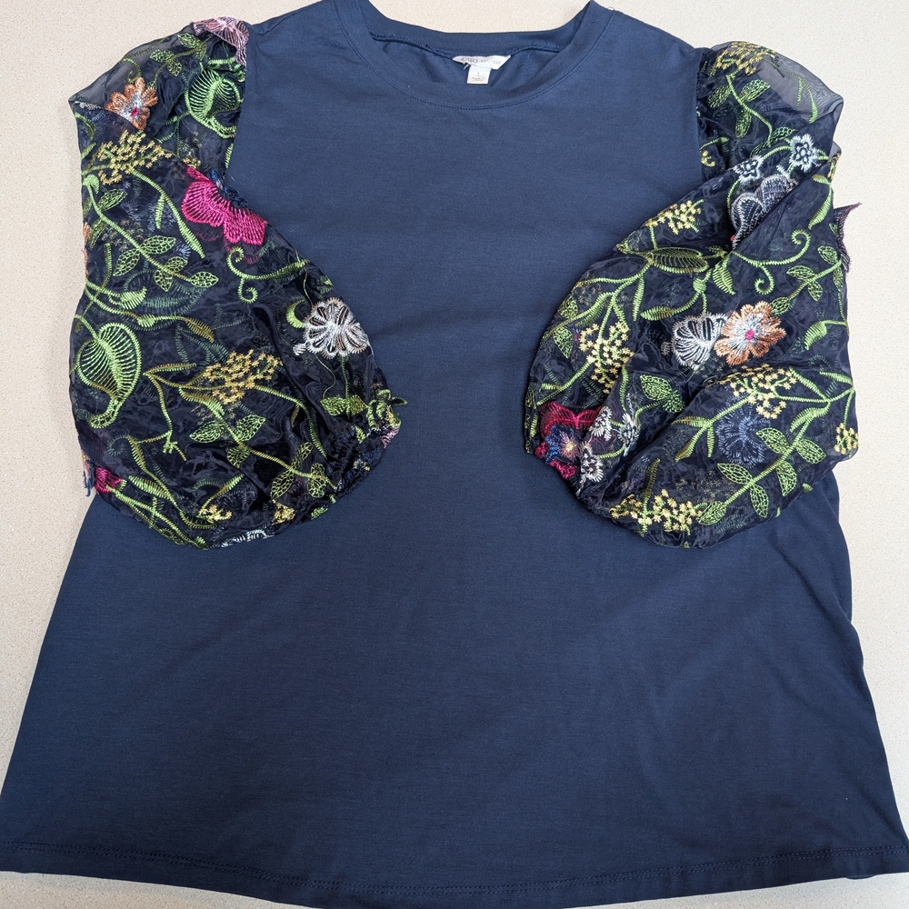 Cato Navy Tee with Embroidered Sheer Puff Sleeves